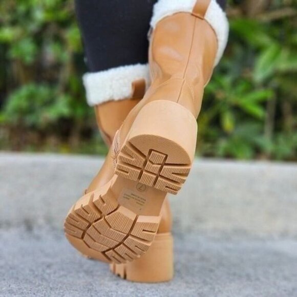 Women’s Tan Sherpa Faux Fur Ankle Booties Pull On with Side Zipper - Picture 3 of 5